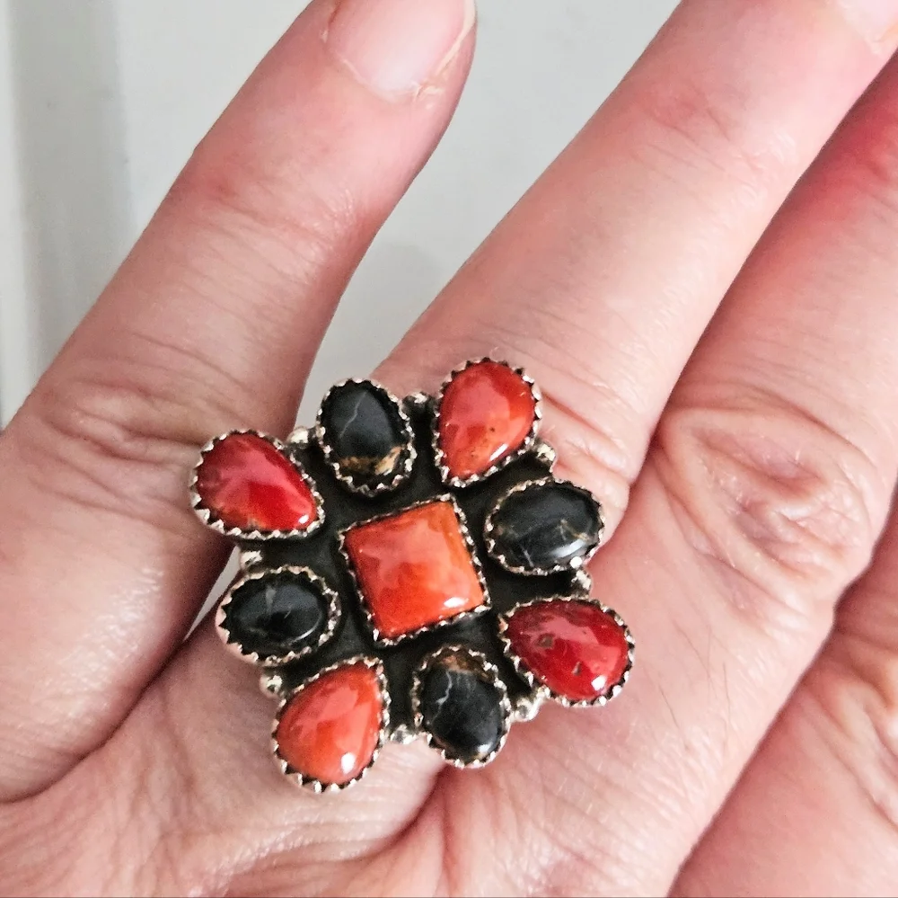CORAL AND BLACK JACK DAHLIA RING 925 STERLING SILVER SIZE 9.5